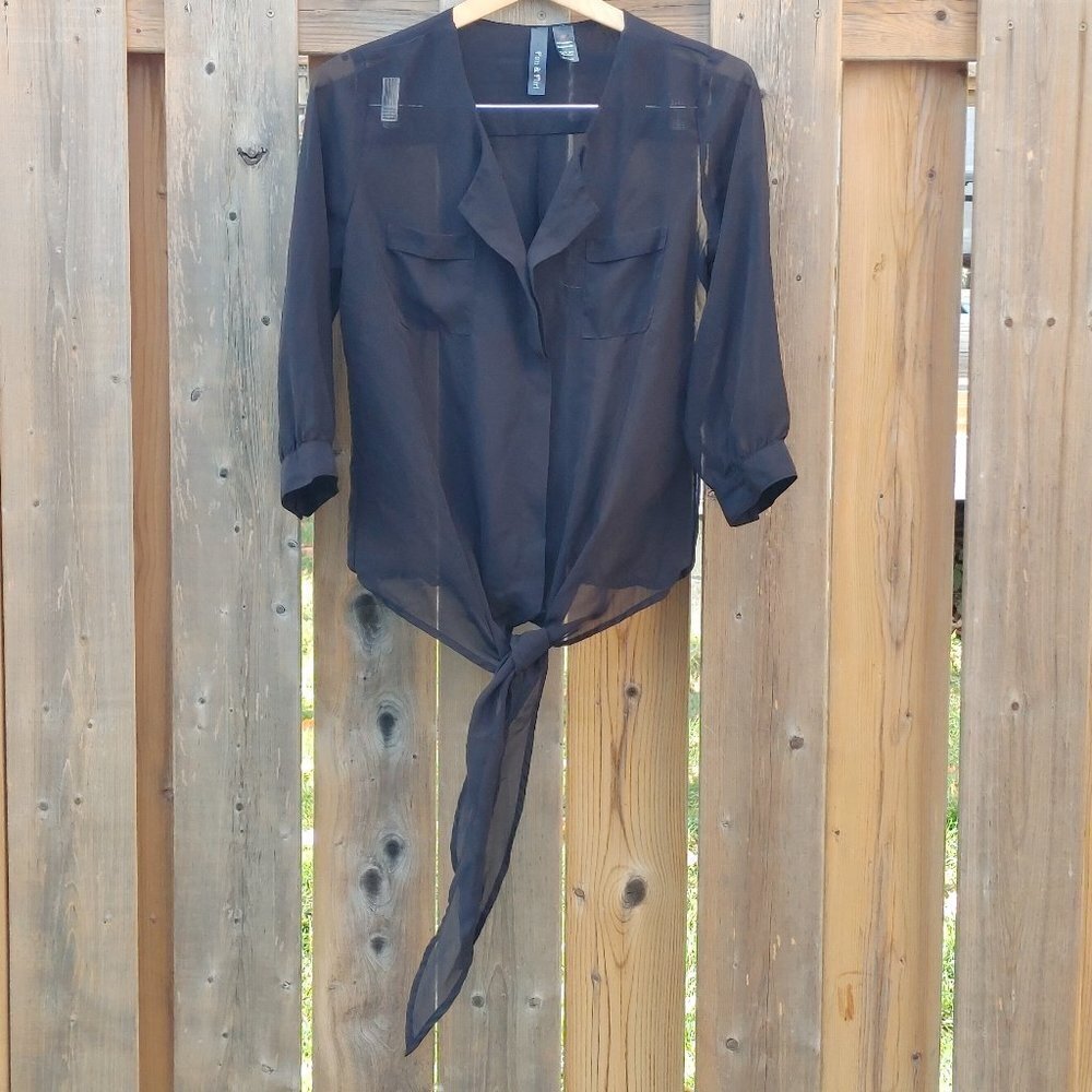 FUN & FLIRT Sheer Black Blouse with Tie Waist Women's Size Medium